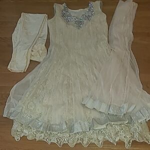 Embellished Ivory Lace Party Dress with Chiffon Dupatta Anarkali